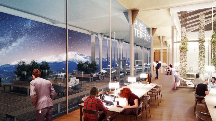 Rendering of Colorado College - Tutt Library Revisioning, Cafe and communal seating area overlooking college campus and mountains beyond