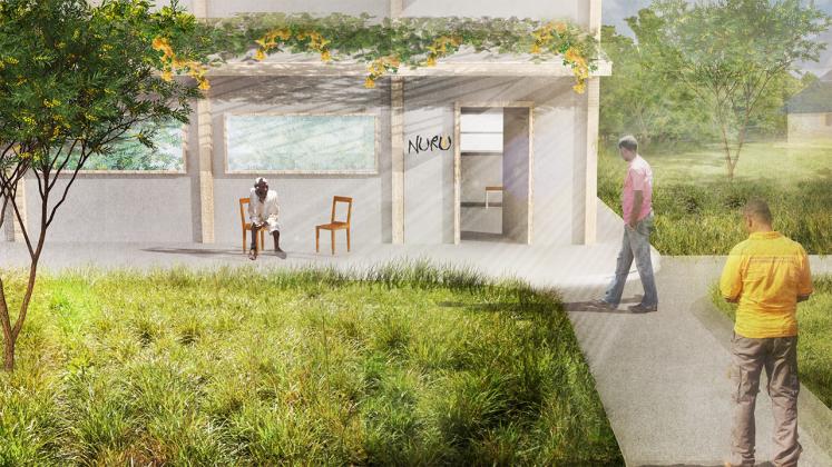 Rendering of pathway from courtyard to proposed renovated Nuru Ethiopia headquarters