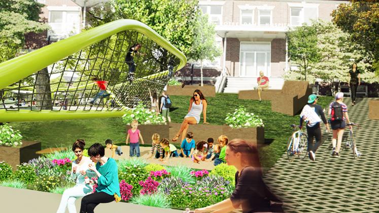 Rendering of Neighborhood Health Stations of Rhode Island, View of courtyard and playground