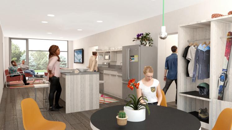 Rendering of Colorado College Housing, Upper classmen's kitchen and communal living space