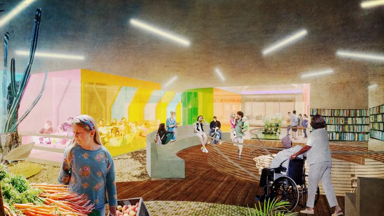 Rendering of the New York Public Branch Libraries Re-envisioning, Coney Island farmers market interior
