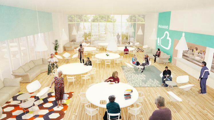 Rendering of the Poughkeepsie Family Partnership Center, Interior view of the Cafe