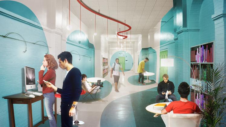 Rendering of the Poughkeepsie Family Partnership Center, Interior view of the renovated hallway
