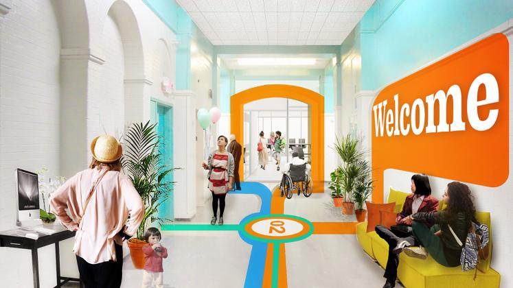 Rendering of the Poughkeepsie Family Partnership Center, Renovated Hallway with students and otehr community members