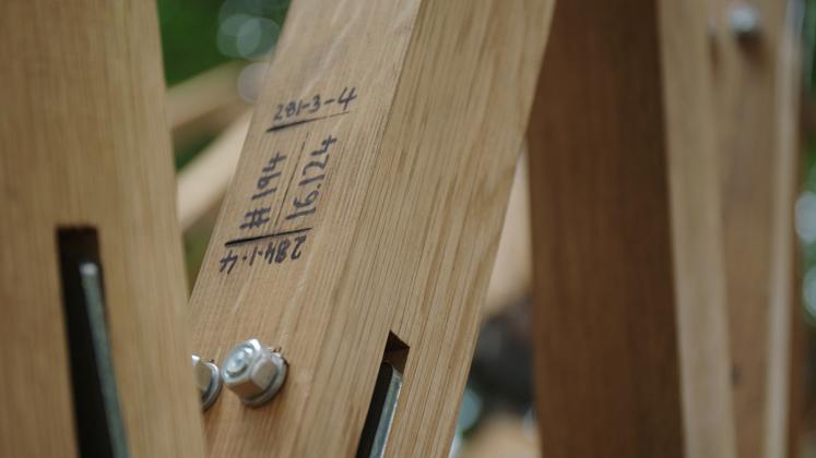 Photo of Design Biennial Boston, Photo from Virginia Tech CDR, Close up on custom joinery branding details