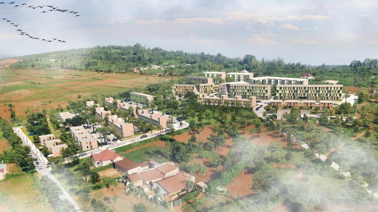 A aerial render of the Masaka Affordable Housing
