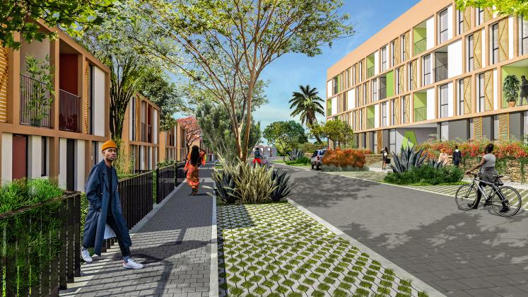 A render of the Masaka Affordable Housing from the street