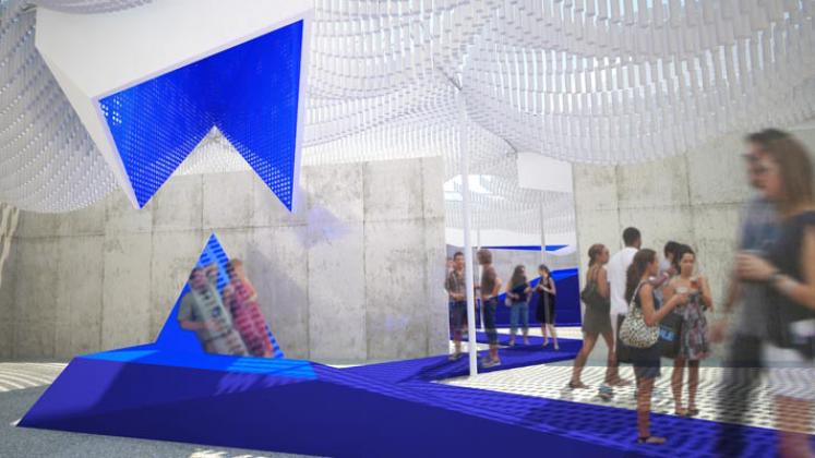 Rendering of MoMA PS1 Bottle Service Courtyard, Underneath canopy 