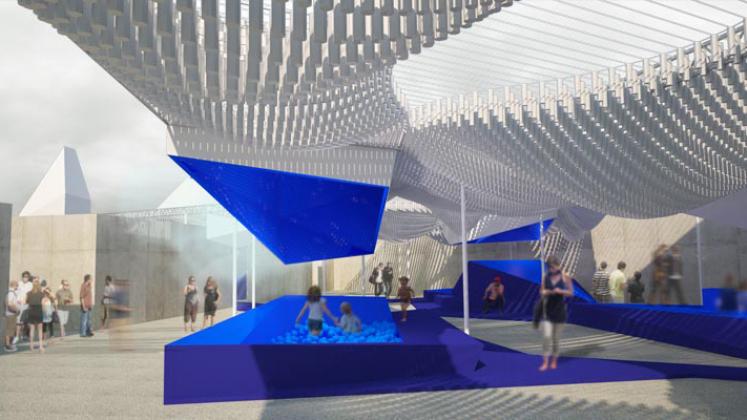Rendering of MoMA PS1 Bottle Service, View of interior of courtyard, underneath the canopy