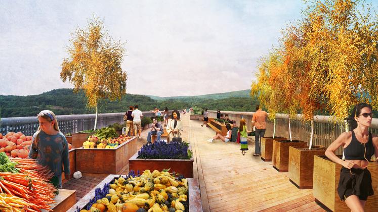 Rendering of proposed placemaking intervention on the Walkway Over the Hudson, Poughkeepsie Farmers Market