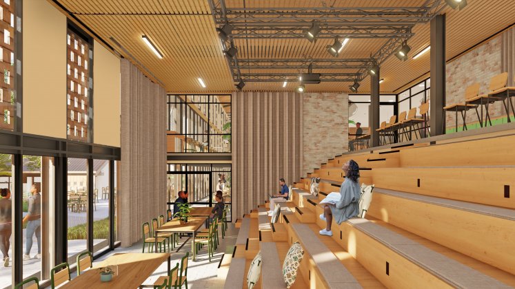 Rendering of the Norrsken Kigali House interior: Townhall seating