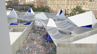 Rendering of MoMA PS1: Bottle Service, View of exterior courtyard
