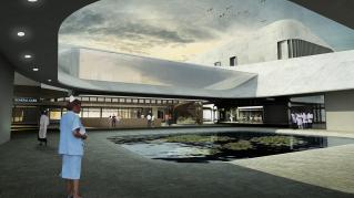 Rendering of Art of Healthcare Cardiac Hospital, Interior Courtyard Rendering with waiting pool in middle