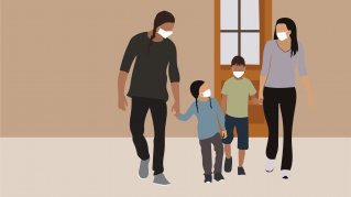 graphic of family walking together, wearing medical masks